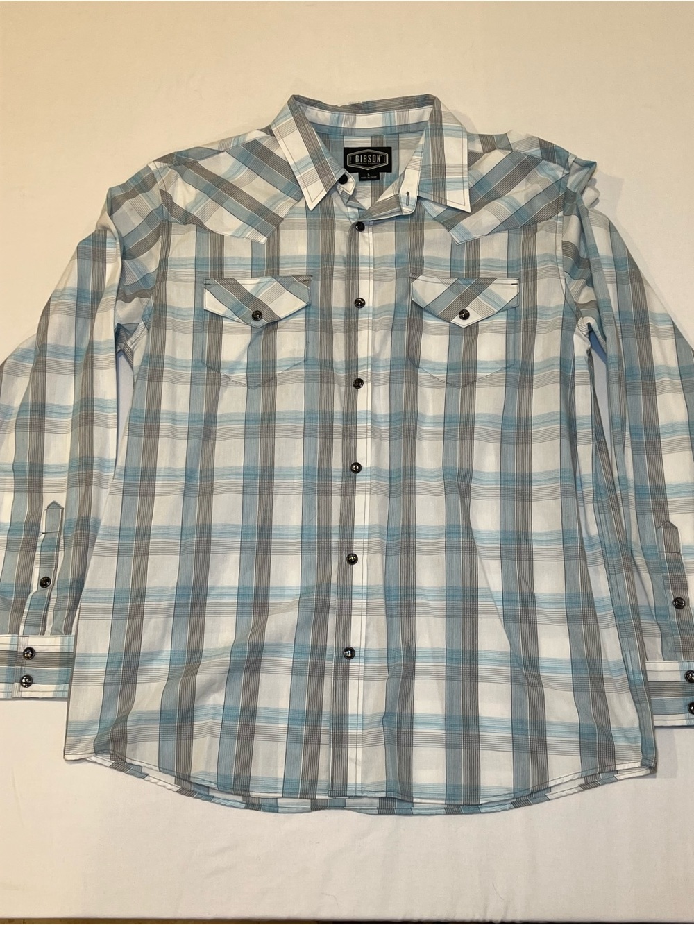 Gibson Trading Co Men’s Large Plaid Western Shirt Blue Gray White